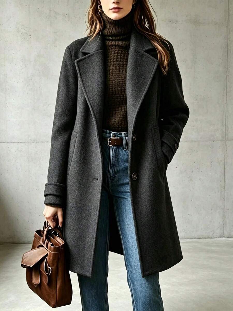 2026 Luxury Old Money Style Notched Lapel Mid Length Coat Single Breasted Loose Casual Outerwear