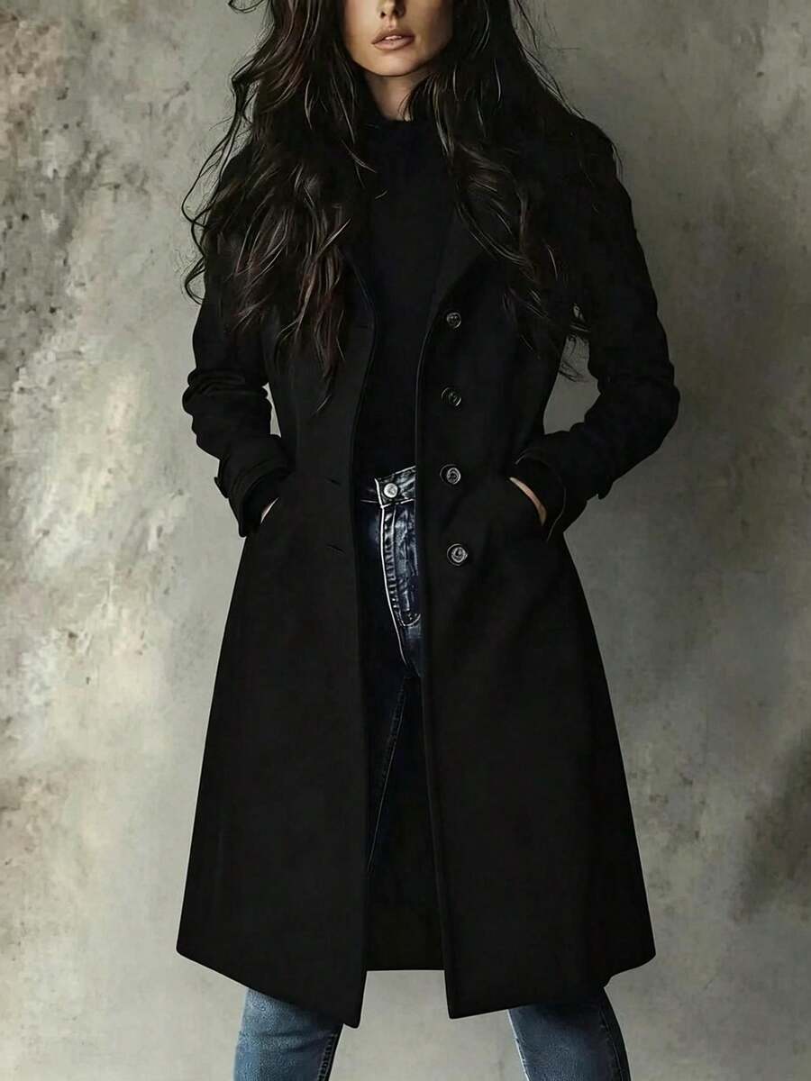 2026 Women Vintage Lapel Collar Long Coat Single Breasted Button Front Slim Fit Mid Length Outerwear With Side Pockets