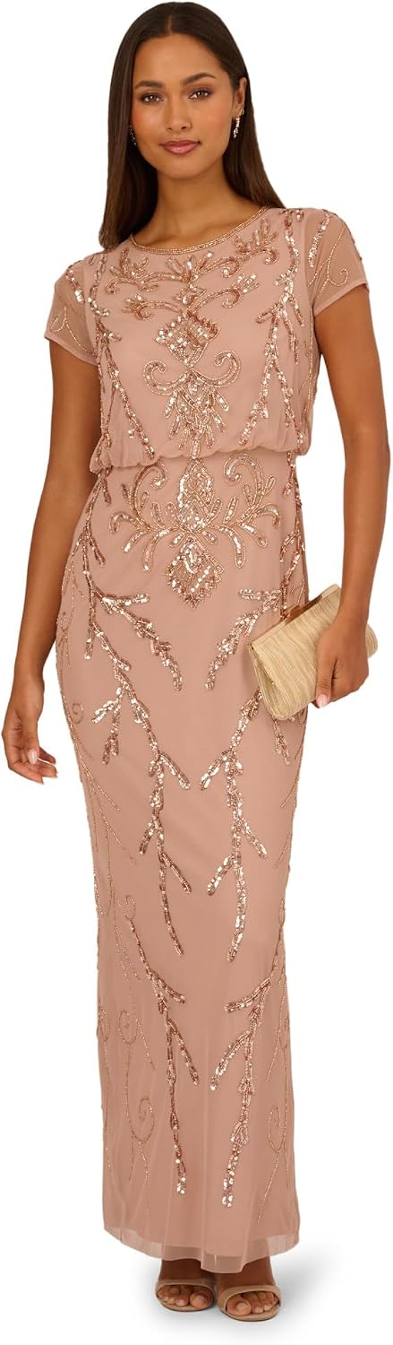 Adrianna Papell Bead Blouson Long Dress, Rose Gold