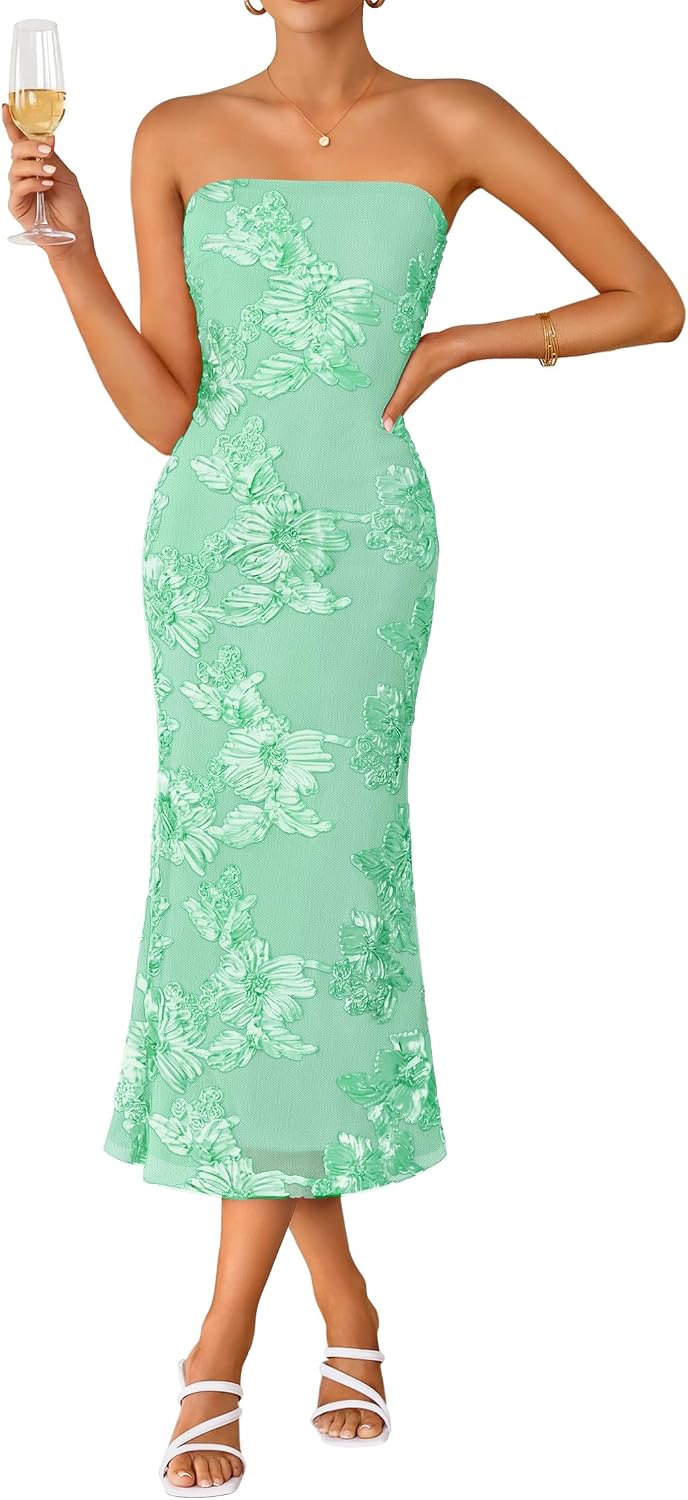 2026 Summer Strapless Floral Cocktail Wedding Guest Dress for Women