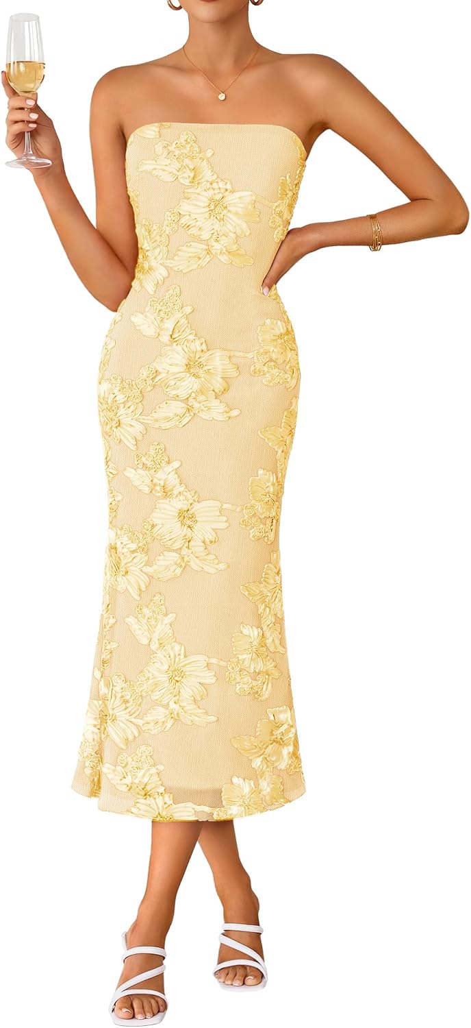 2026 Summer Strapless Floral Cocktail Wedding Guest Dress for Women
