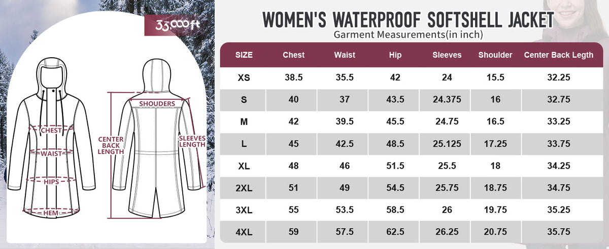 33,000ft Women's Hooded Softshell Jacket Fleece Lined Waterproof Raincoat