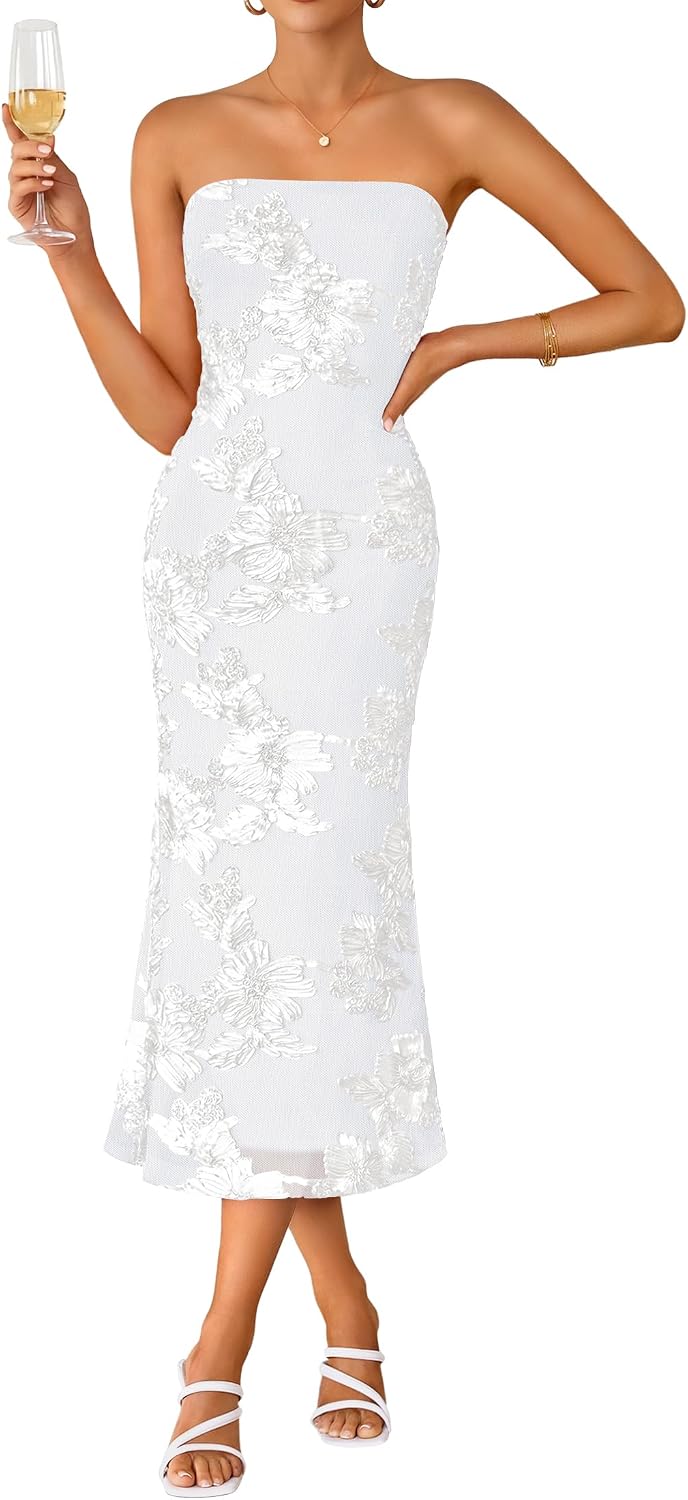2026 Summer Strapless Floral Cocktail Wedding Guest Dress for Women