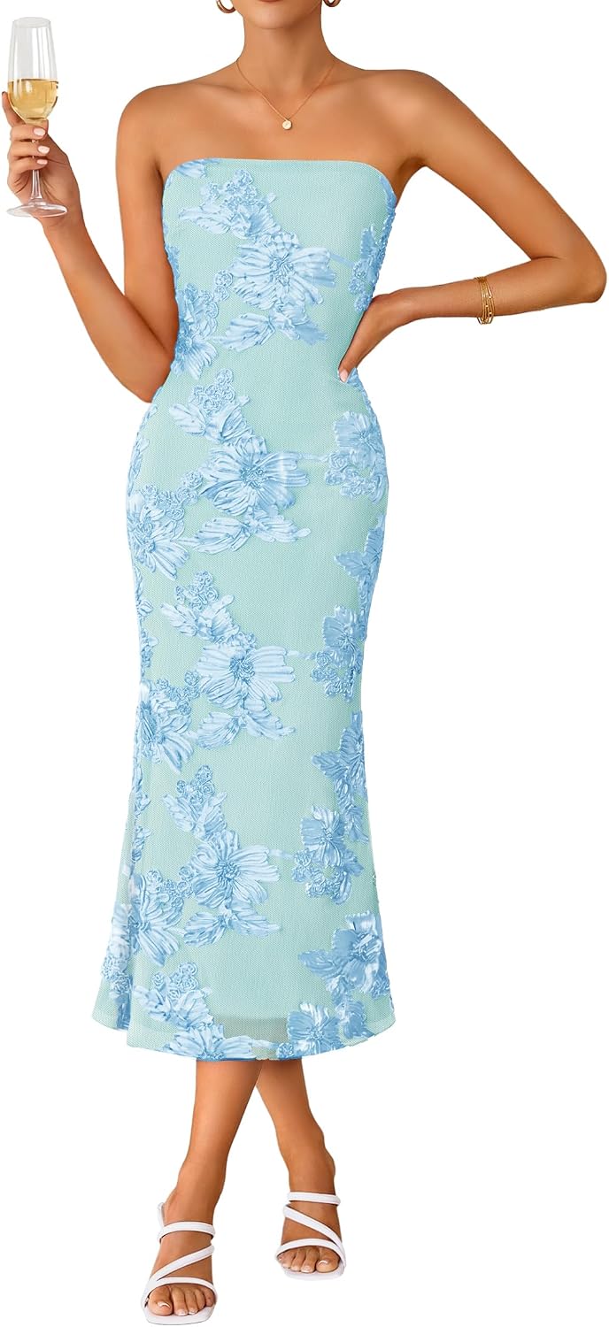 2026 Summer Strapless Floral Cocktail Wedding Guest Dress for Women