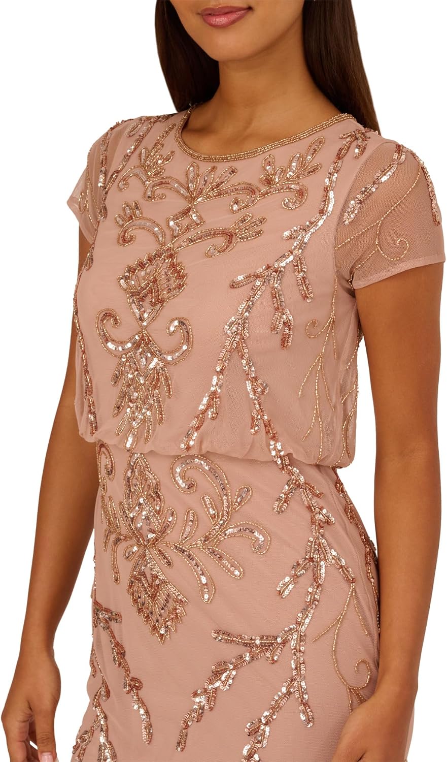 Adrianna Papell Bead Blouson Long Dress, Rose Gold