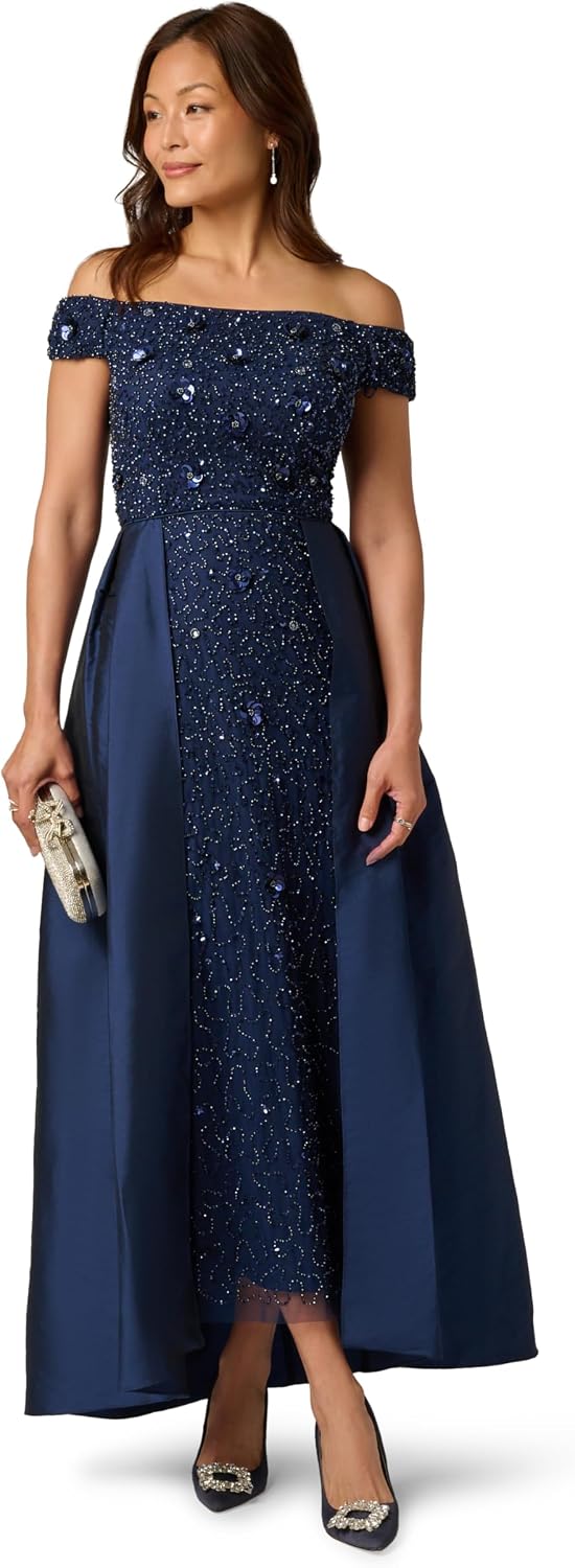 Adrianna Papell Bead Taffeta Overlay Dress, Light Navy
