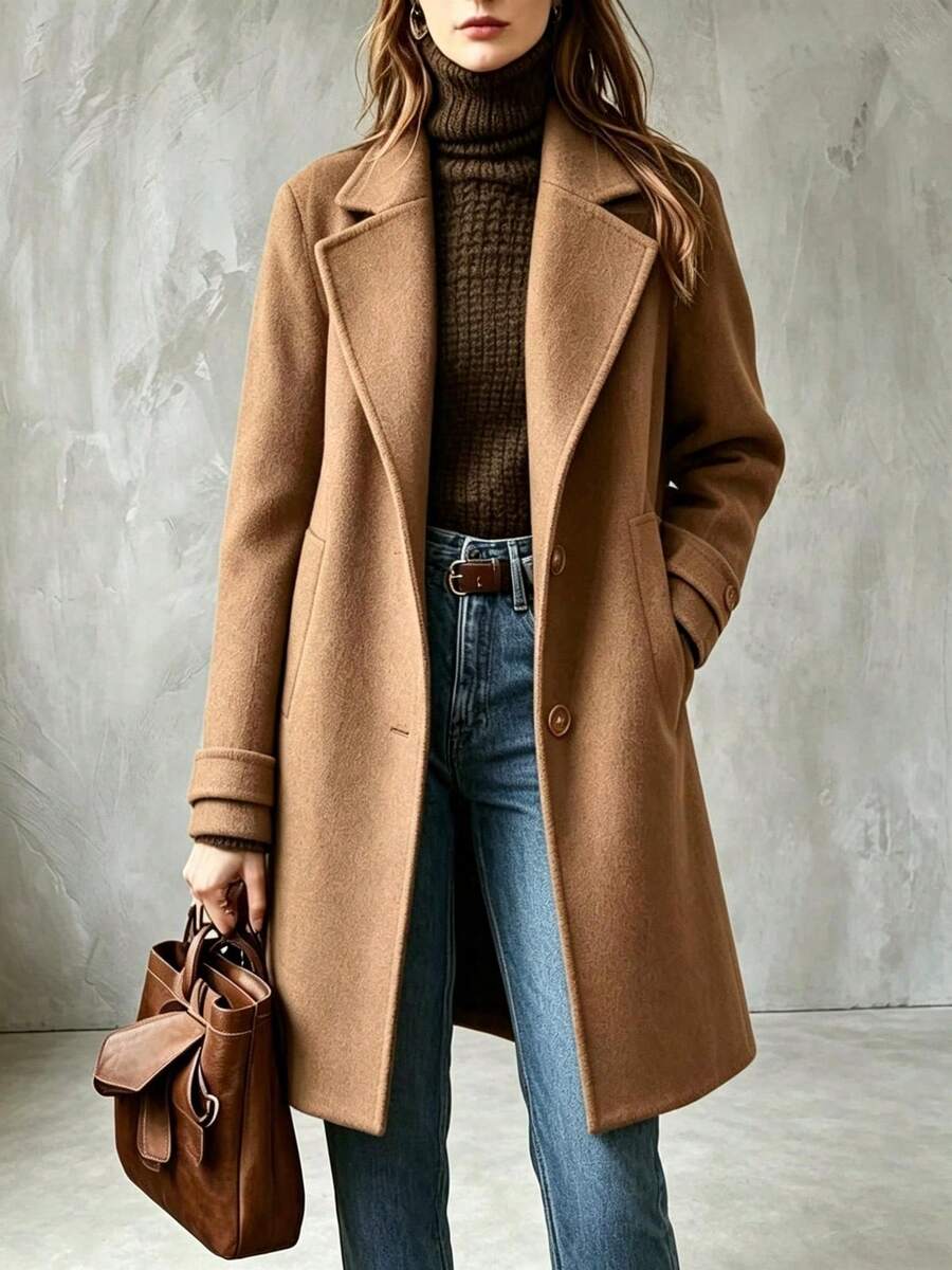 2026 Luxury Old Money Style Notched Lapel Mid Length Coat Single Breasted Loose Casual Outerwear