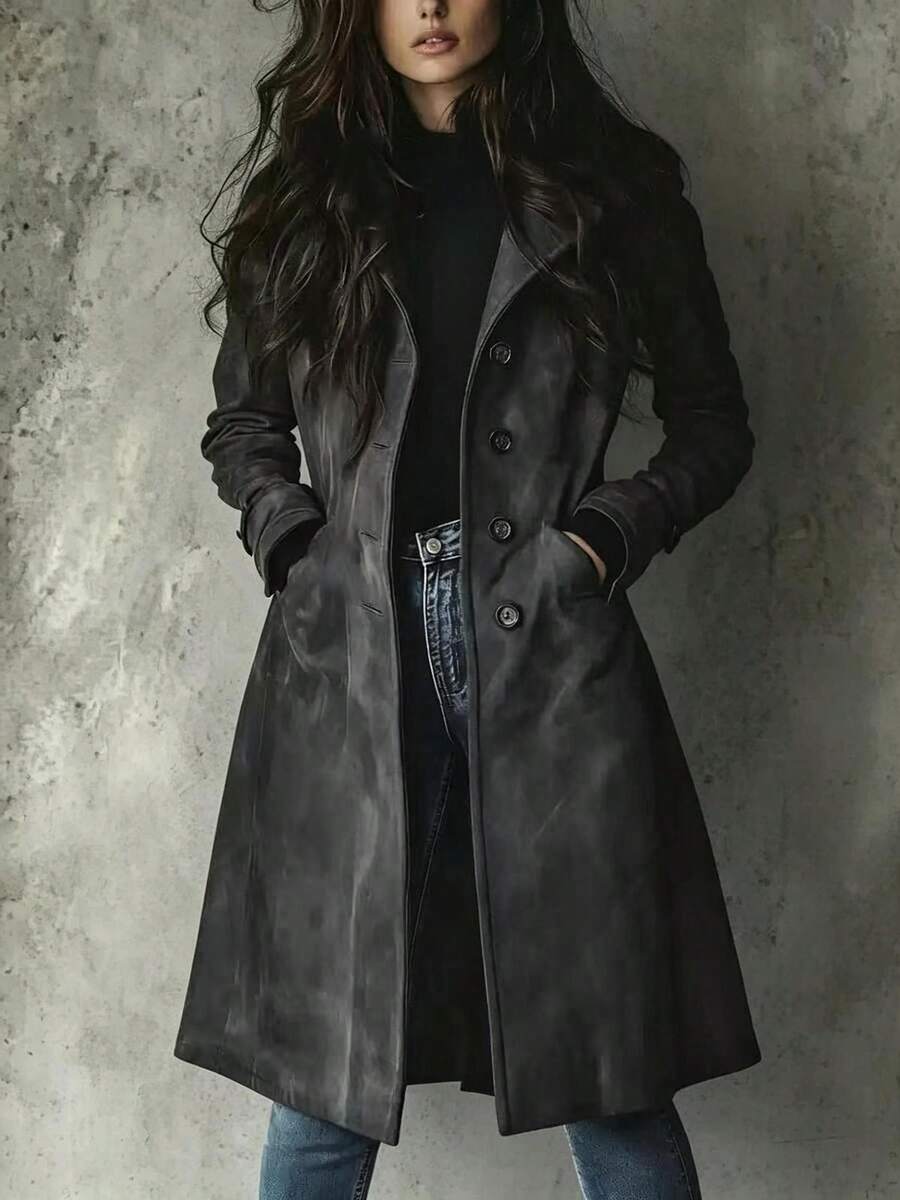 2026 Women Vintage Lapel Collar Long Coat Single Breasted Button Front Slim Fit Mid Length Outerwear With Side Pockets