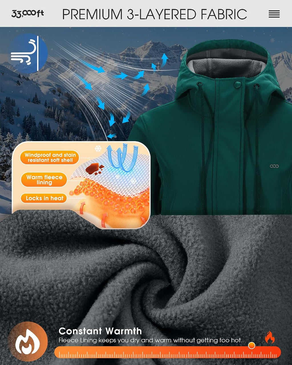 33,000ft Women's Hooded Softshell Jacket Fleece Lined Waterproof Raincoat