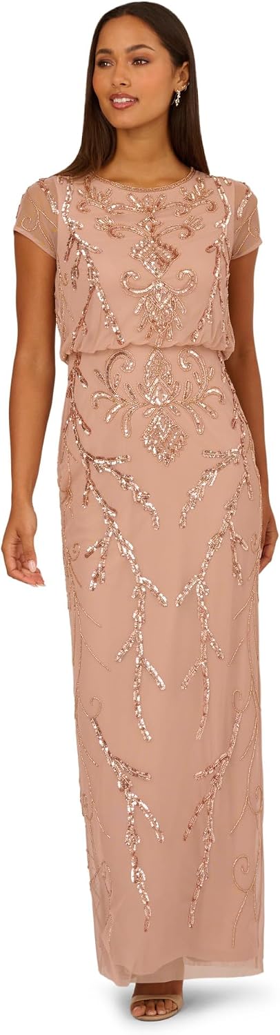 Adrianna Papell Bead Blouson Long Dress, Rose Gold