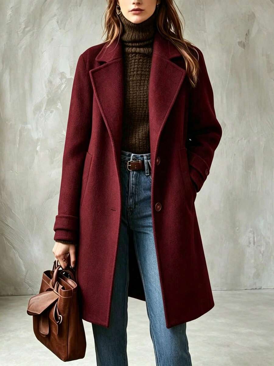 2026 Luxury Old Money Style Notched Lapel Mid Length Coat Single Breasted Loose Casual Outerwear