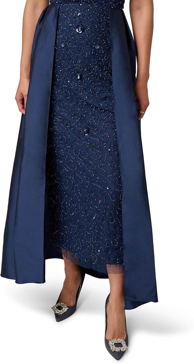 Adrianna Papell Bead Taffeta Overlay Dress, Light Navy
