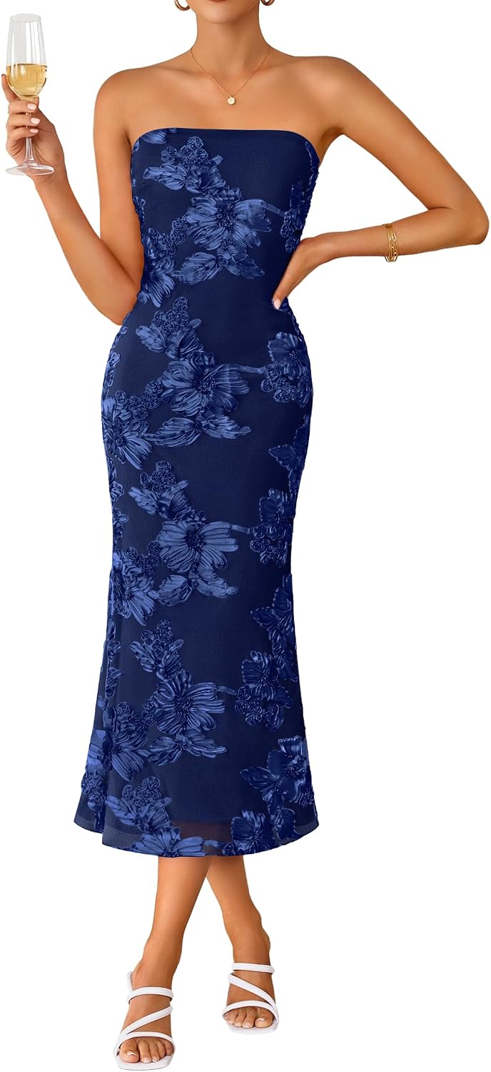 2026 Summer Strapless Floral Cocktail Wedding Guest Dress for Women
