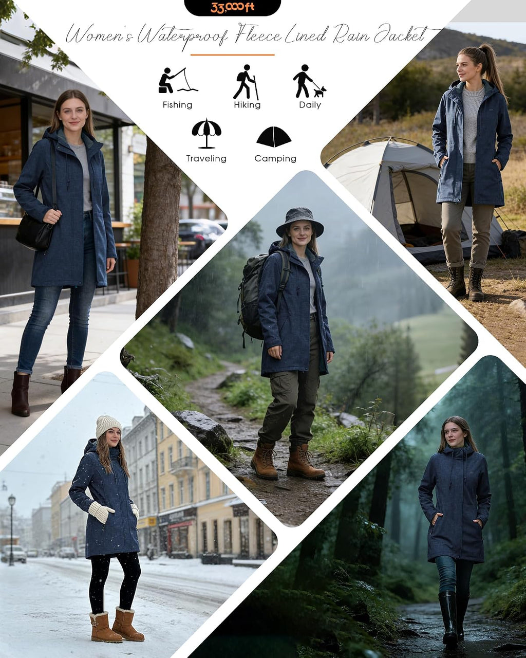 33,000ft Women's Hooded Softshell Jacket Fleece Lined Waterproof Raincoat
