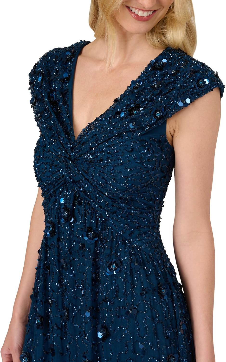 Adrianna Papell Bead Cap Sleeve Long Dress DEEP Blue