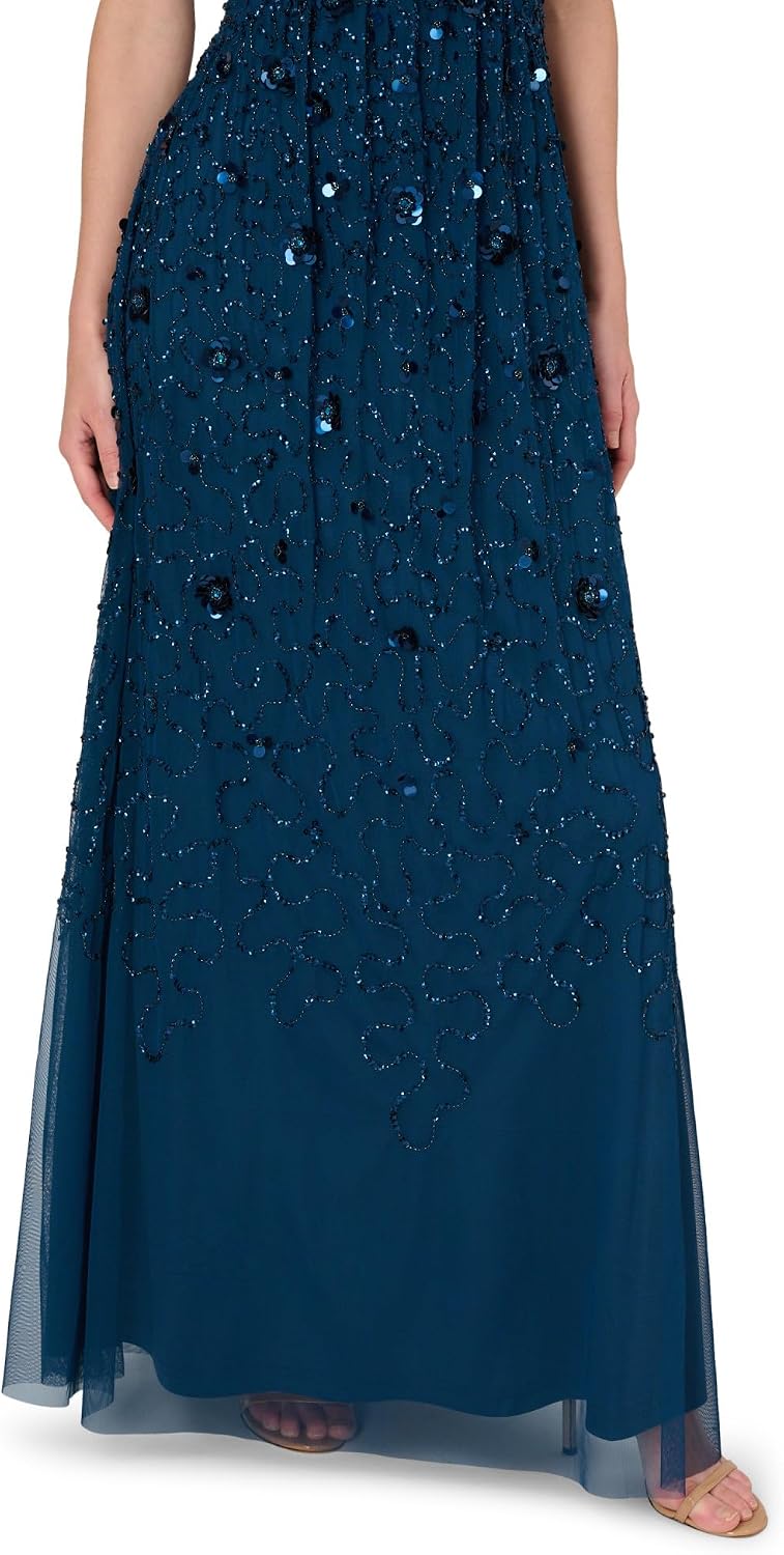 Adrianna Papell Bead Cap Sleeve Long Dress DEEP Blue