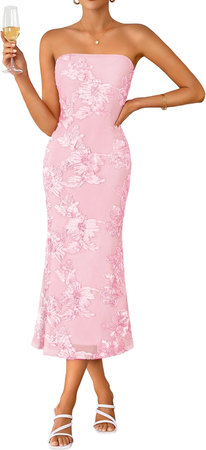 2026 Summer Strapless Floral Cocktail Wedding Guest Dress for Women