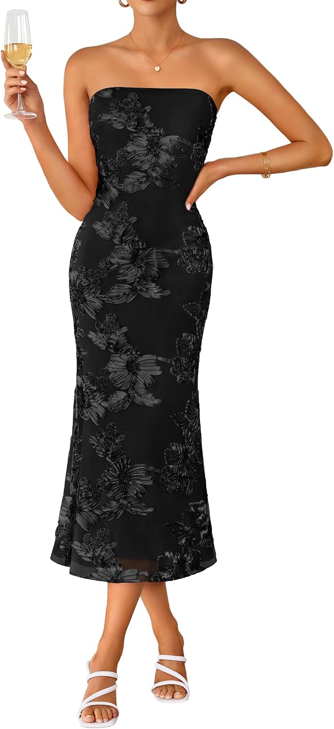 2026 Summer Strapless Floral Cocktail Wedding Guest Dress for Women