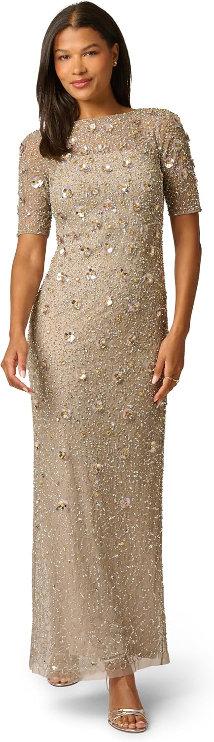 Adrianna Papell Beaded Long 3D Floral Dress