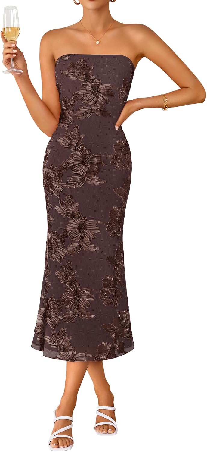 2026 Summer Strapless Floral Cocktail Wedding Guest Dress for Women