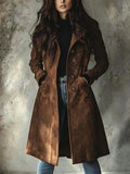 2026 Women Vintage Lapel Collar Long Coat Single Breasted Button Front Slim Fit Mid Length Outerwear With Side Pockets