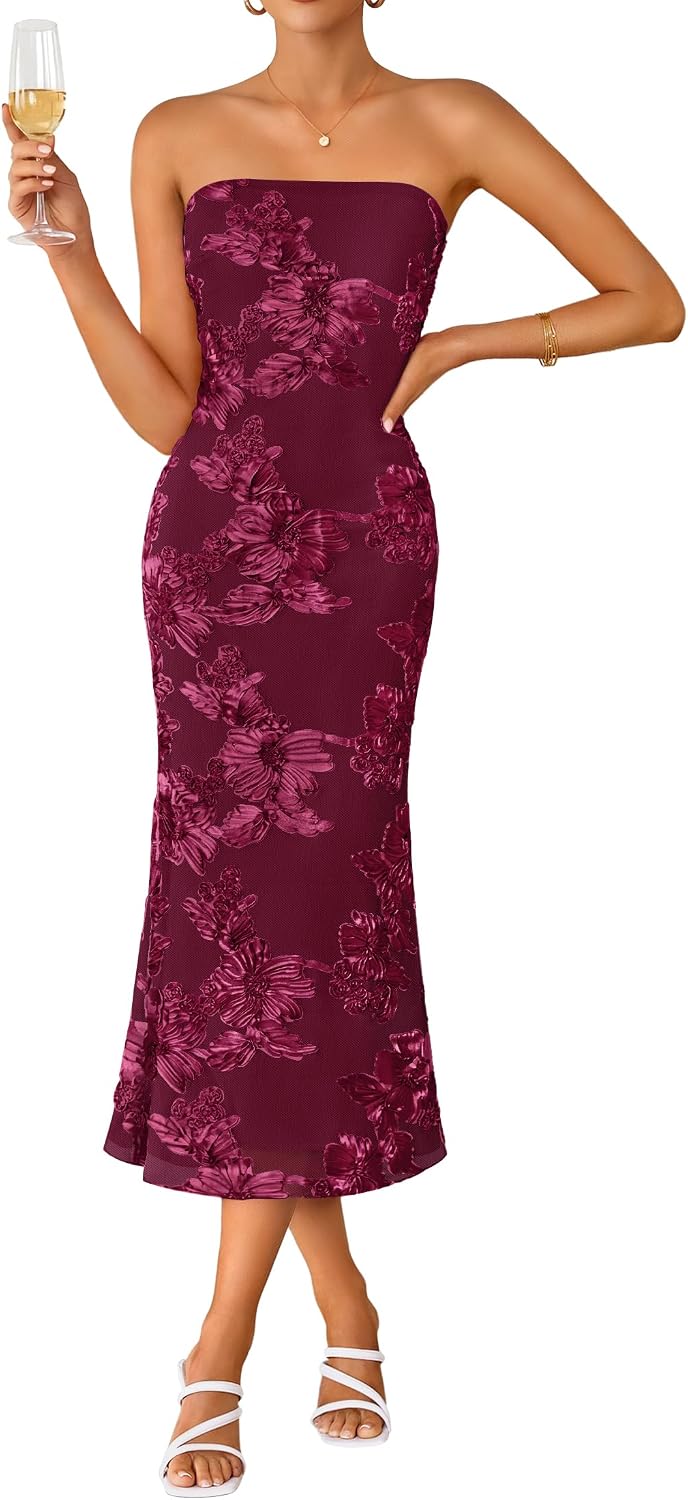 2026 Summer Strapless Floral Cocktail Wedding Guest Dress for Women