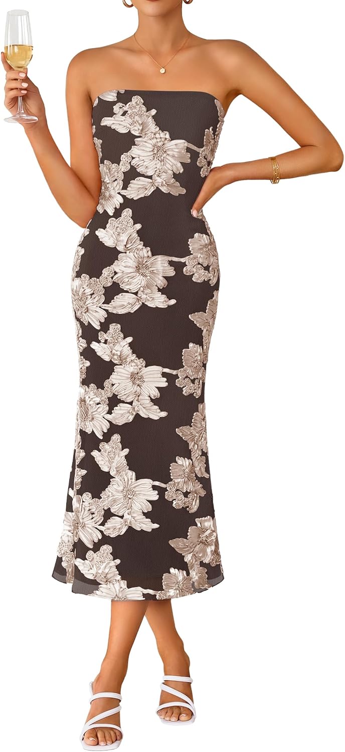 2026 Summer Strapless Floral Cocktail Wedding Guest Dress for Women